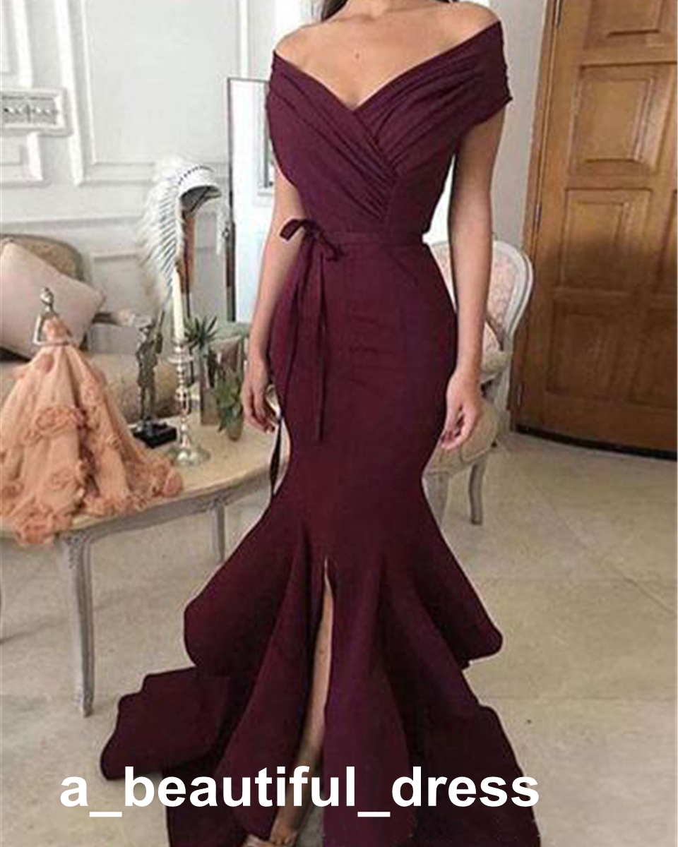 Elegant Burgundy Long Mermaid Prom Dresses Little Split Ruffles Evening Gowns V-neck Off The Shoulder Formal Party Dress ED1287