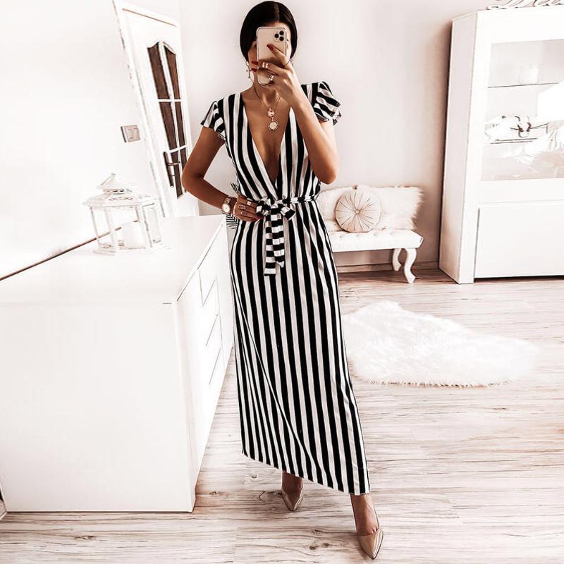 Women Dress Summer Fashion Sexy Ladies Deep V-Neck Bandage Short Sleeve Stripe Print Casual Long Dress Party Vestidos M140#, As pic
Women Dress Summer Fashion Sexy Ladies Deep V-Neck Bandage Short Sleeve Stripe Print Casual Long Dress Party Vestidos M140#, As pic