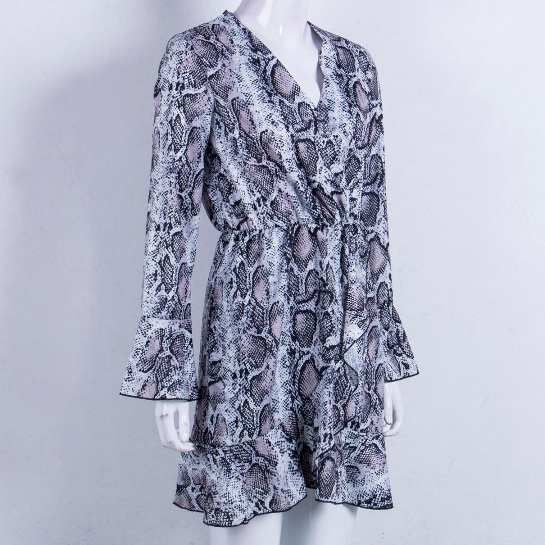 New Sexy Women Dress Leopard Snake-printed Long Sleeve V Neck Party Evening Wrap Dress Womens Ruffles Dress