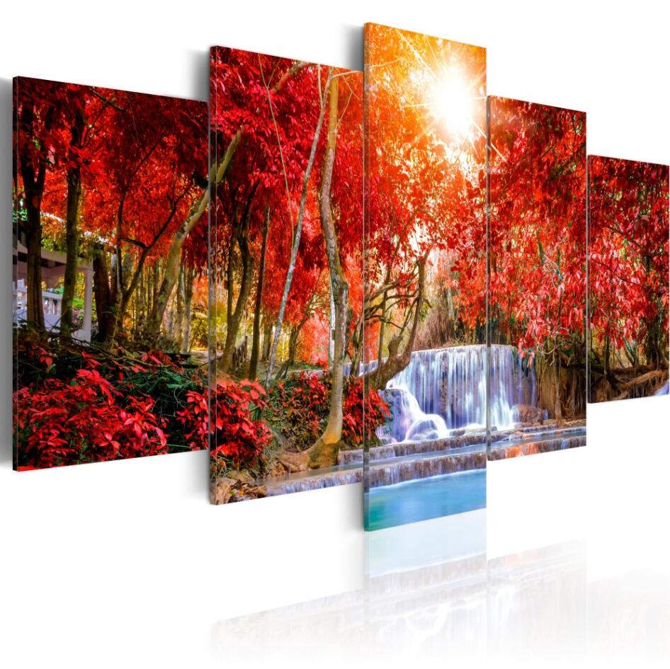5 Panel Sets Beautiful Waterfall Landscape Painting Flowers Modern Pictures on Canvas Modern Living Room Office Decoration,Choose Color And