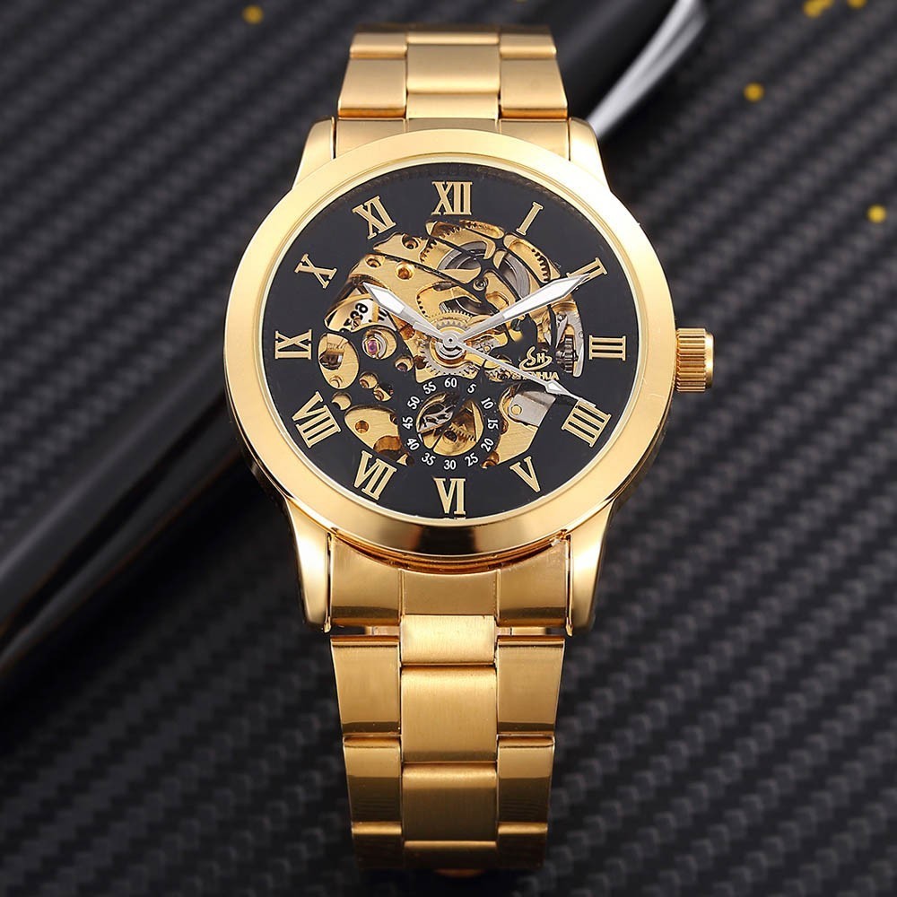 Shenhua Golden Skeleton Automatic Mechanical Watch Men Fashion Waterproof Shockproof Clock Mechanical Watch Men Men Watches Y19062004