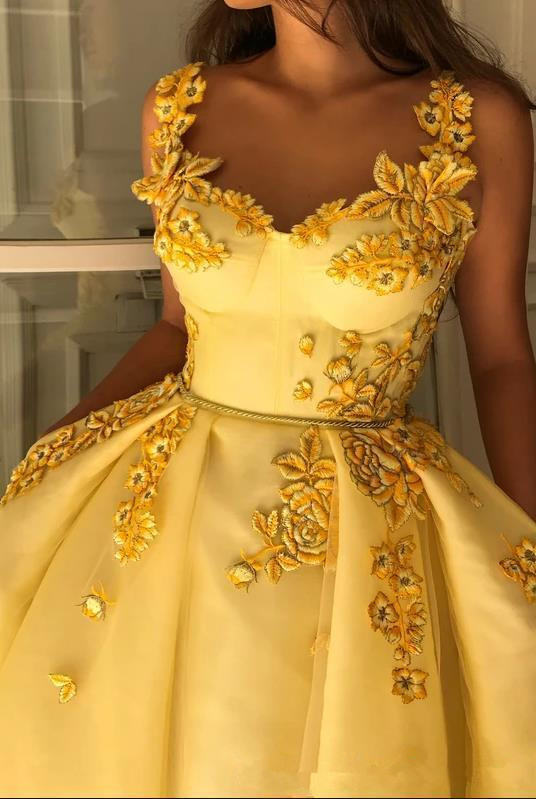 2020 Yellow Prom Dresses Appliqued Lace A Line Belt Floor Length Fairy Evening Dress Custom Made Cheap Special Occasion Gowns