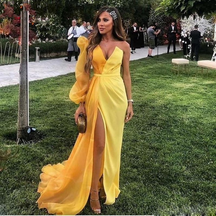 Abendkleider Yellow Dubai Formal Party Dress Women Long Sleeve Evening Gowns Elegant Slit Chiffon Muslim Evening Dresses 2020