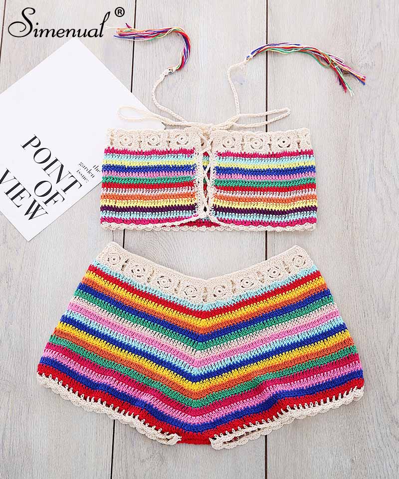 Rainbow Striped Crochet Set Women Summer Swimwear Handmade Sexy Beachwear Hot BOHO Hollow Out Bathing Suits Bandage New B3