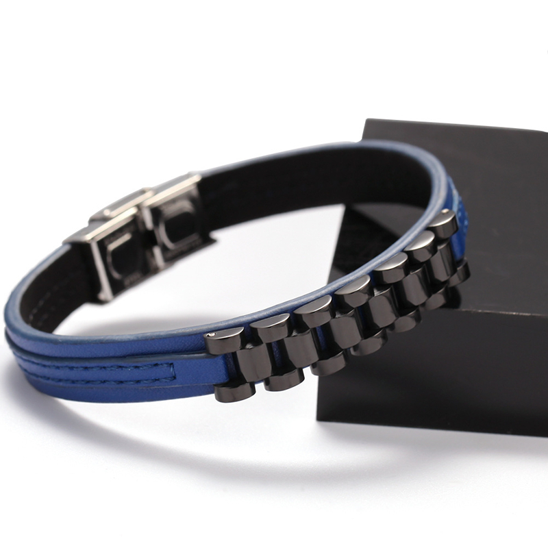 5 Colors for Options New Fashion Men Bracelets Gold Plated Stainless Steel Leather Bracelet for Men Nice Gift for Boy Friend