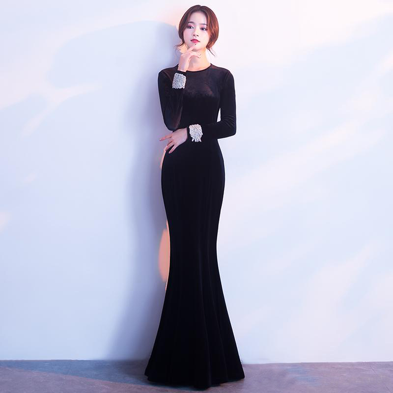 black mermaid evening dresses jewel long sleeve satin beaded formal bridal gown custom made back hollow sweep train pageant gown