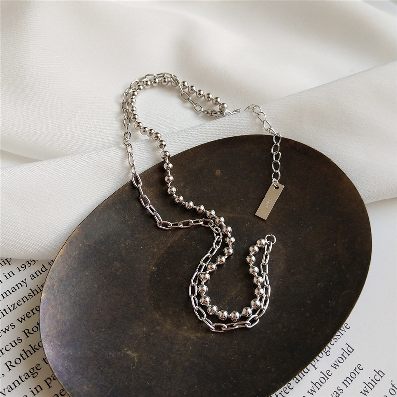 Bib Jewelry 925 Sterling Silver Asymmetric Beads&Link Chain Necklaces For Women New Simple Female Choker Collar Necklace