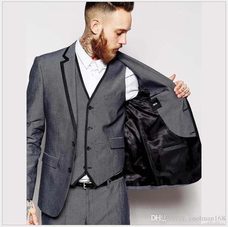 Two Buttons Dark Grey Mens Suits Groom Tuxedos Peak Lapel Groomsmen Mens Wedding Tuxedos Prom Suits (Jacket+Pants+Vest)
