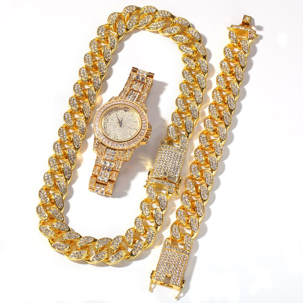 3pcs/set Men Hip hop iced out bling Chain Necklace Bracelets watch 20mm width cuban Chains Necklaces Hiphop charm jewelry gifts