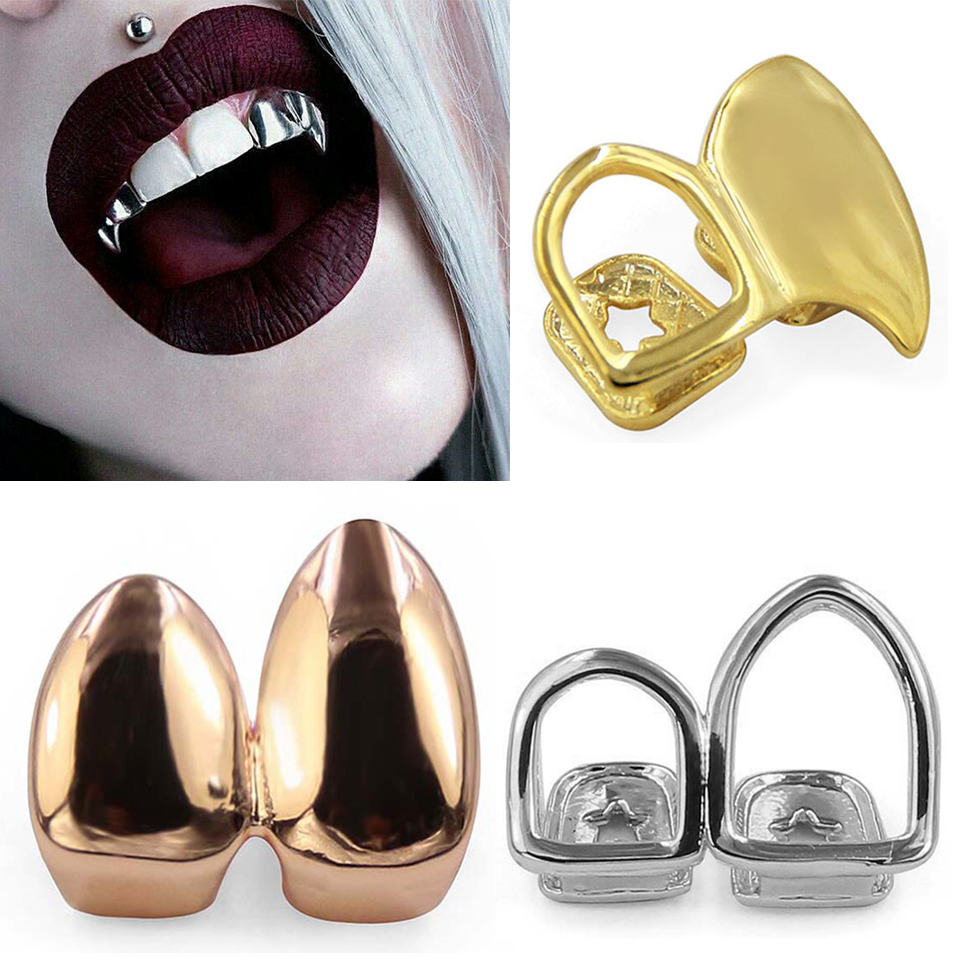 18K Gold Plated Environmental Copper Teeth Braces Plain Hiphop 2 Grillz Dental Mouth Fang Grills Tooth Cap Cosplay Vampire Rapper Jewelry от DHgate WW