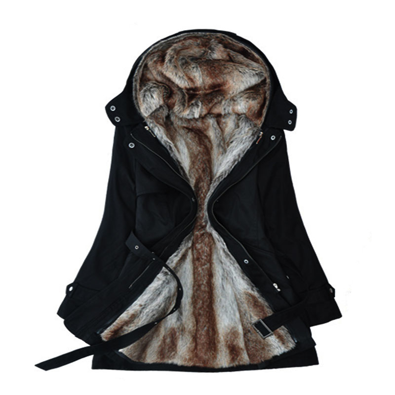 3 Colors Winter Warm Women Black Hooded Faux Fur Coat Jacket Fashion Army Green Slim Liner Cotton Coat Dropshipping Coats T190831