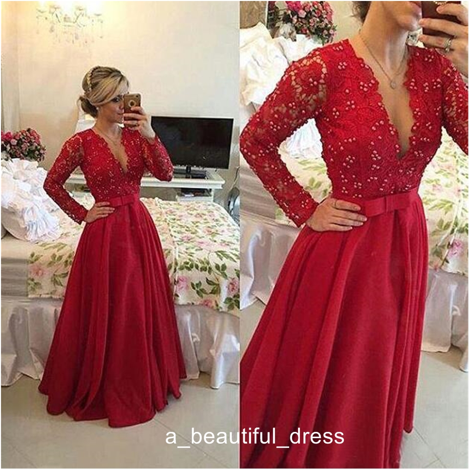 Cheap A-Line Prom Gown Deep V-Neck Full Sleeve Lace Draped bow Red Long Party Evening dress for women Free Shipping ED1216