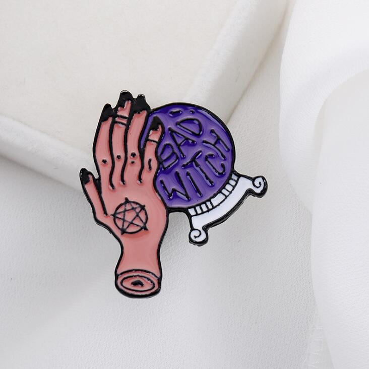 Bad Witch Needle Crystal Ball Handmade Black Cat Skull Retro Enamel Pin Brooch Badge Decorative Cowboy Halloween Jewelry