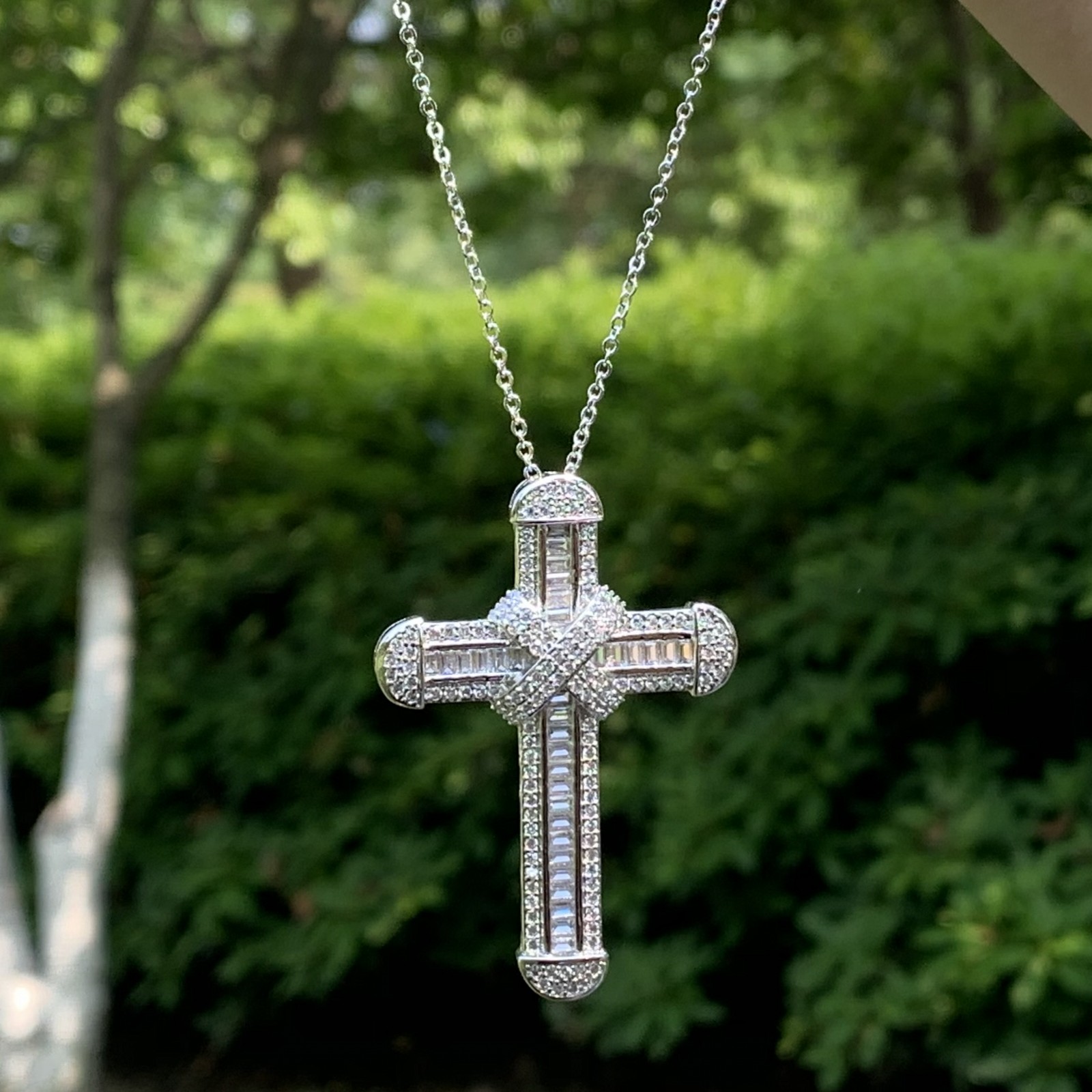 Classical Fashion Jewelry 925 Sterling Silver Pave White Sapphire CZ Diamond Gemstones Eternity Party Women Cross Pendant Wedding Necklace