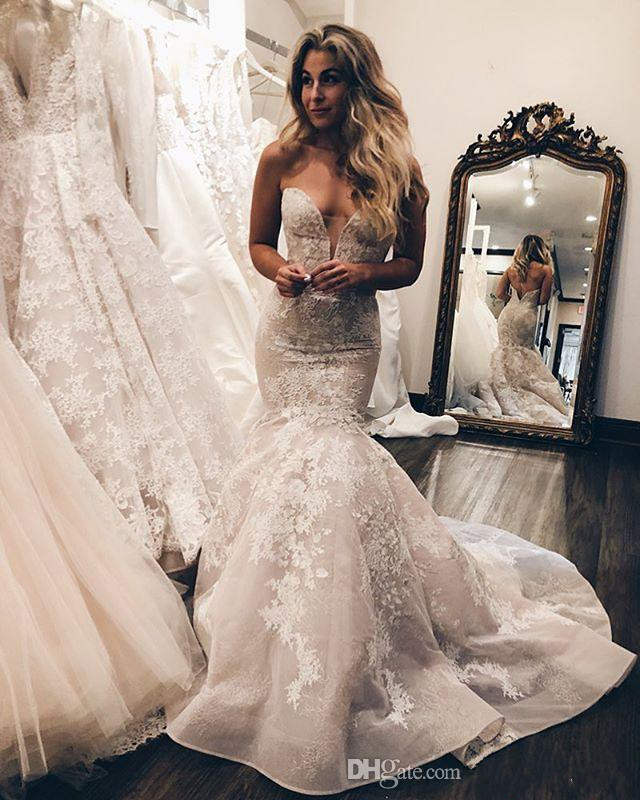 new sexy sweetheart wedding dresses backless lace apppliques sweep train country style mermaid bridal gown custom made hot sale