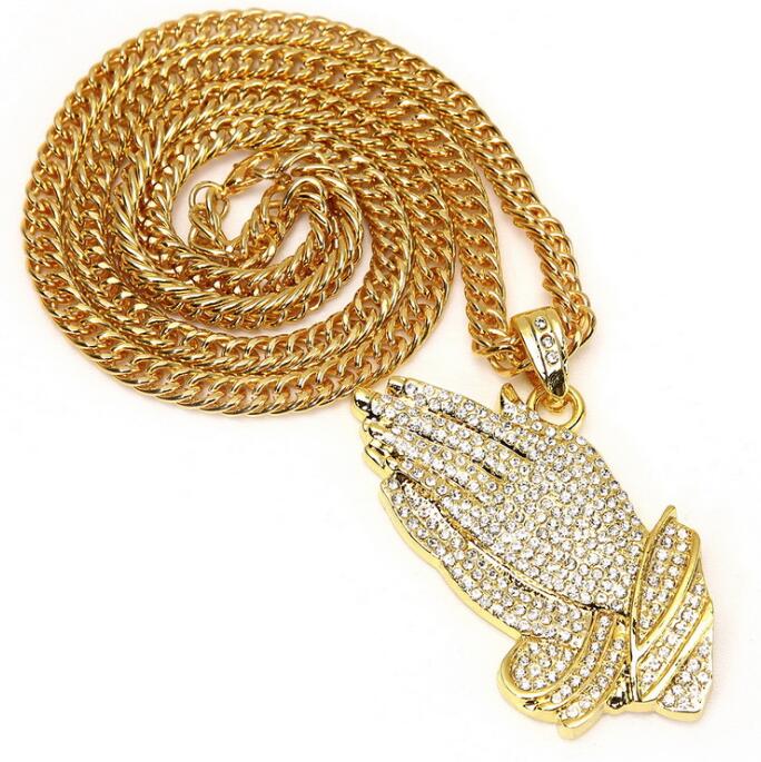 New Silver Praying Hands Hiphop Bling Necklace Mens 18k Gold Religous Jewlry Iced Out Prayer Jesus Women Men Gift Plating WL017