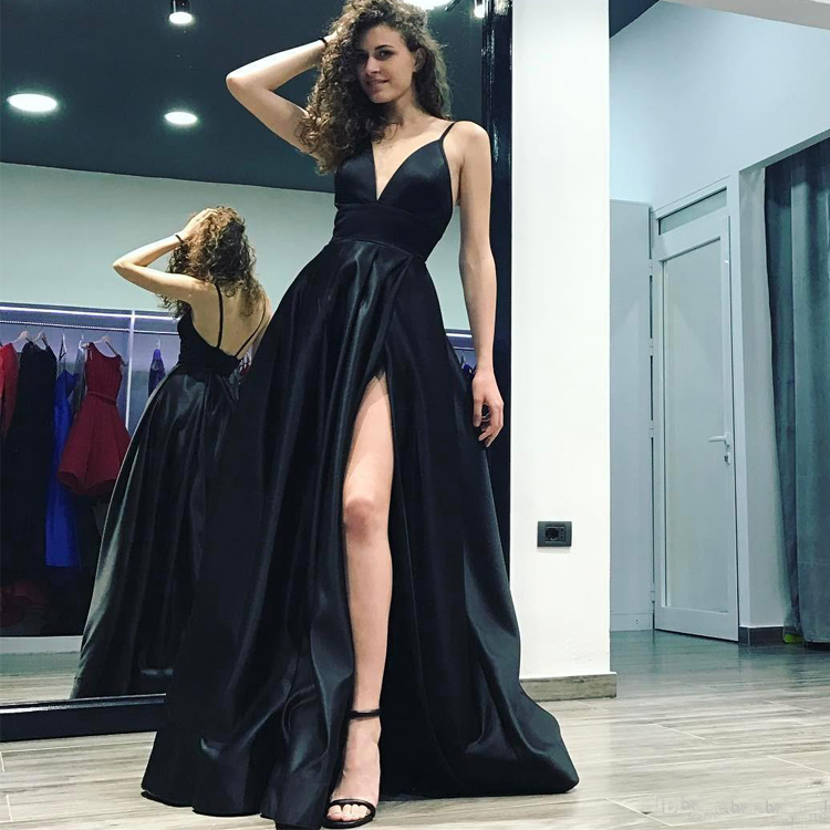 New Design Black Deep V Neck Prom Dresses Spaghetti Straps High Slits Long Backless Court Train Satin Formal Evening Dresses