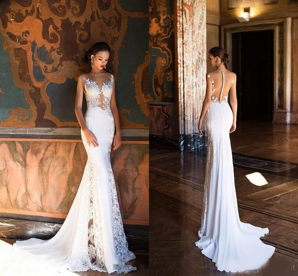 Sheer Back Lace White Mermaid Wedding Dresses Covered Button Back Scoop Neck Court Train Long Wedding Gowns Bridal Gowns 2020 New