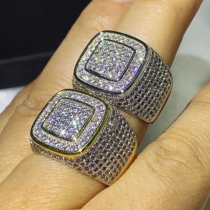Hip Hop Sparkling Luxury Jewelry Male Fashion 925 Silver&Gold Fill Pave White Sapphire CZ Diamond Gemstones Wedding Band Ring For Men Gift