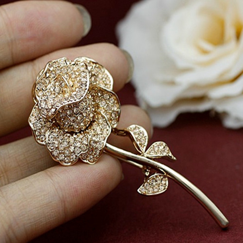 Elegant Clear Rhinestone Crystal Rose Flower Shiny Crystal Rhinestones Brooch Pin Corsage