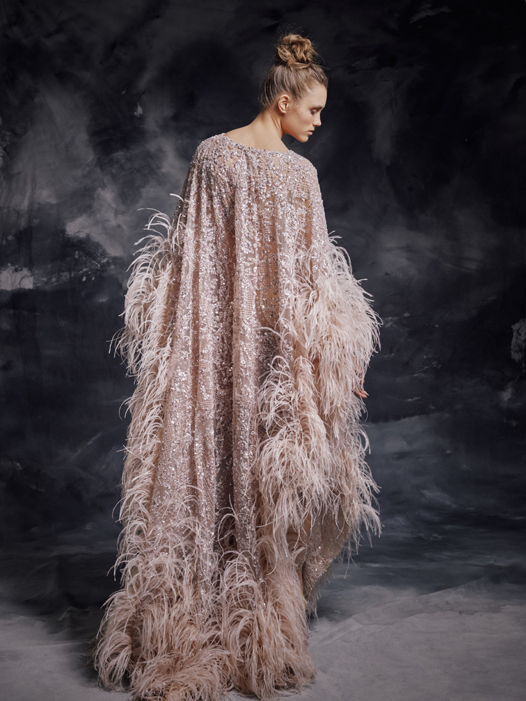 Modest Krikor Jabotian Elegant V Neck Long Sleeve A Line Evening Dresses Sequins Lace Feather Formal Dresses Sweep Train Party Gown