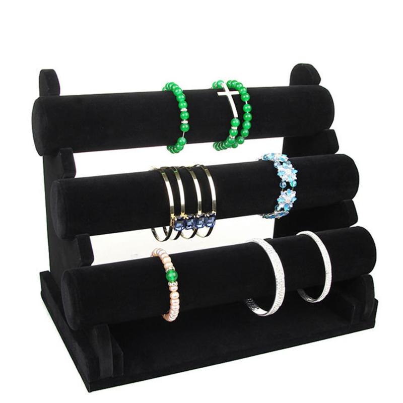 Black Velvet 3-Tier Jewelry Bracelet Watch Bangle Display Holder Stand Showcase T-bar Storage Necklace Bangle Organizer