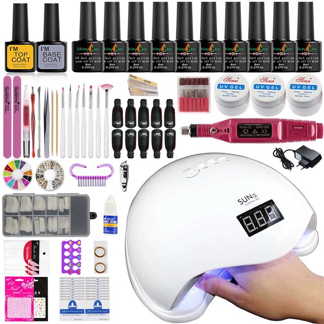 Nail Art Kits Manicure Set Kit Electric Handle Acrylic 36w/54/90w Led Lamp For Nails 10 Polish