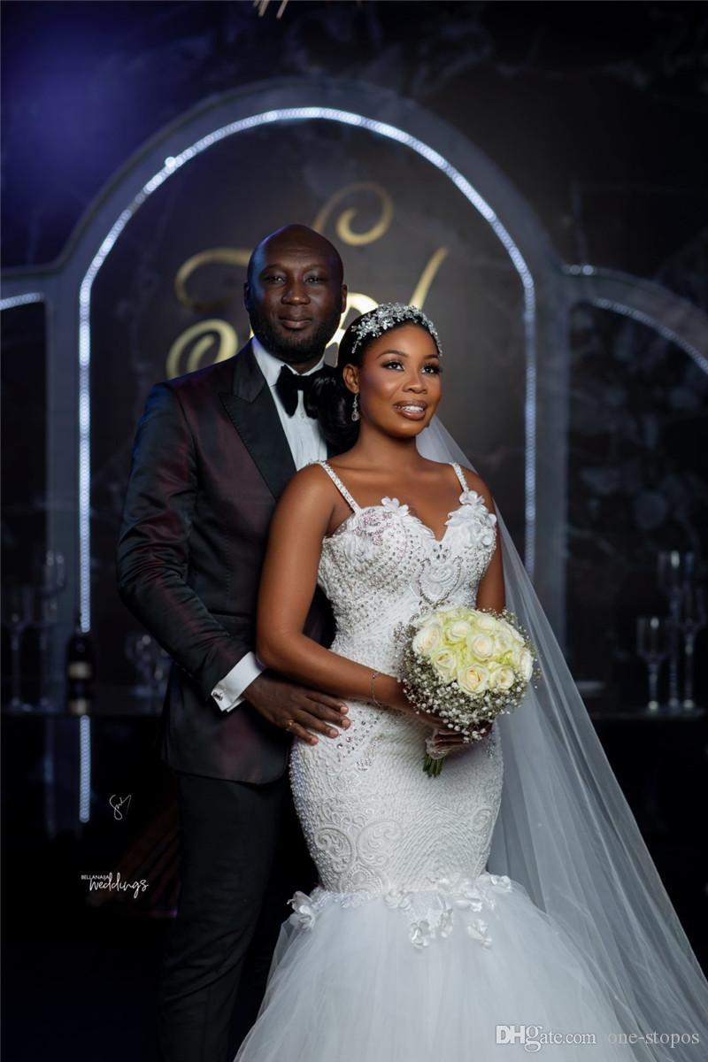 Plus African Size Lace Mermaid Dresses Spaghetti Straps Applique Open Back Sweep Train Wedding Dress Bridal Gowns Vestidos