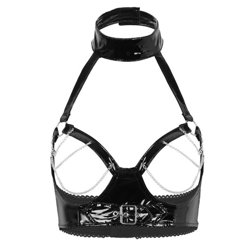 Sexy Crop Tops for Women Erotic Lingerie Wetlook Black PU Leather Latex Bra Hollow Out Bust & Metal Chain Tassel Dance Bras Top