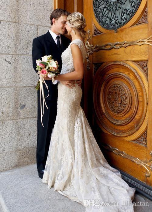 Cheap Modest Country Style Mermaid Wedding Dresses Cap Sleeves Scoop Neck Floor Length Applique Wedding Dress Bridal Gowns Vestidos de noiva