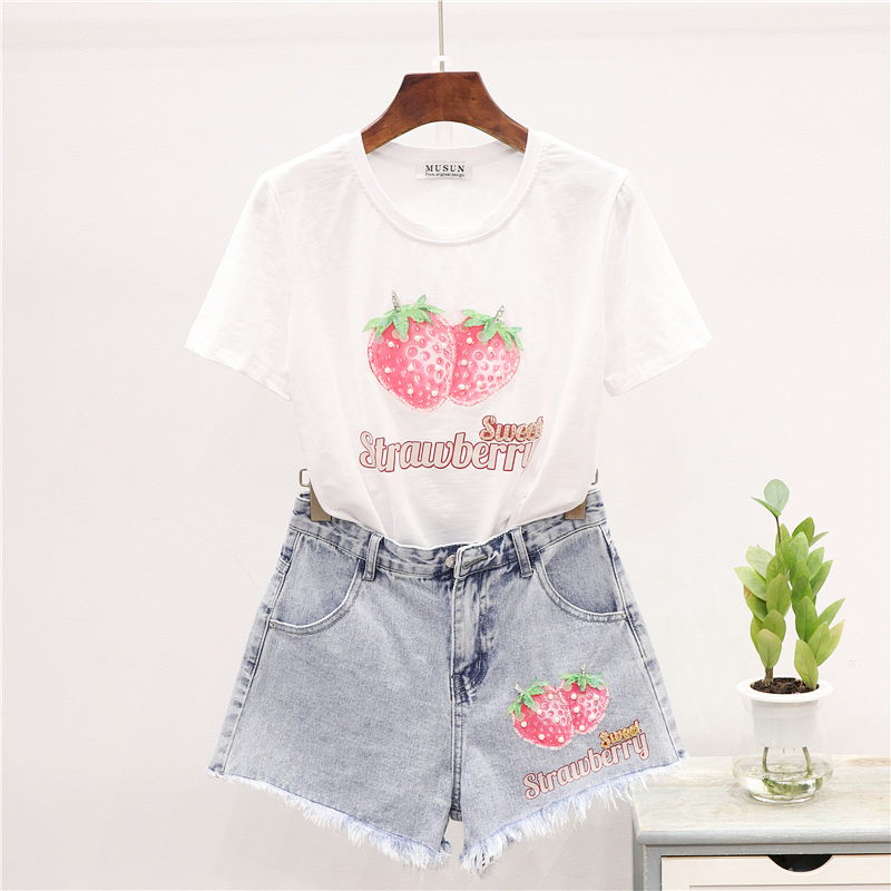Fashion Summer Women Letter Strawberry Print Cotton Tee shirt Denim Shorts Set Loose O-Neck T-shirt Short Jeans Pants Set Female, White
Fashion Summer Women Letter Strawberry Print Cotton Tee shirt Denim Shorts Set Loose O-Neck T-shirt Short Jeans Pants Set Female, White