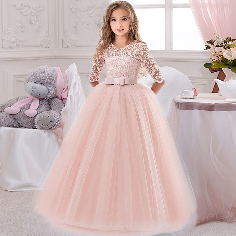 Flower Girl Birthday Banquet Long Sleeve Lace Stitching Dress Elegant Baby Kids Girl's Wedding Long White Butterfly Lace pageant Gown