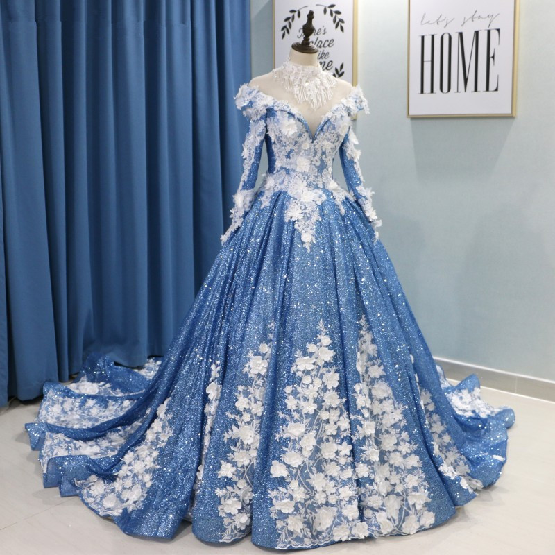 Luxury Lace Beaded High Neck Ball Gown Prom Dresses Spark Glitter Saudi Arabic Light Blue Women Evening Gowns Robe De Soiree