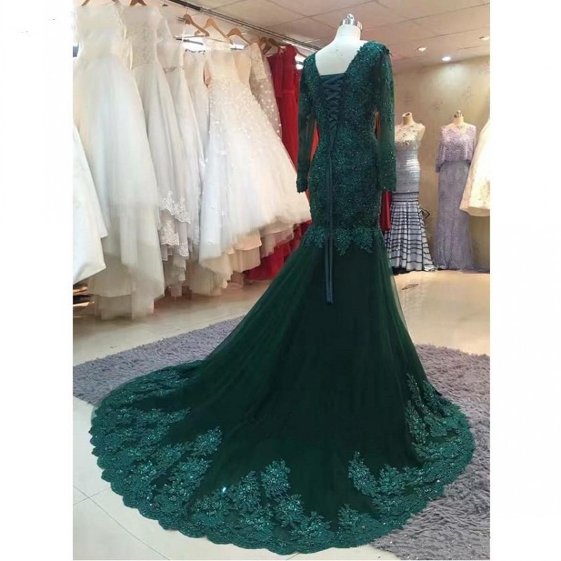 Spring 2020 Women Dresses Evening Wear V Neck Mermaid Court Train Shiny Beaded Lace and Tulle Hunter Green Long Sleeve Evening Gowns