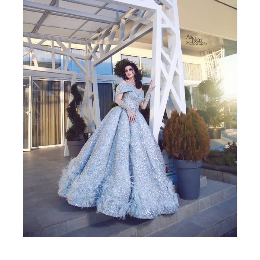 2020 Light Blue Evening Dresses A Line Off The Shoulder Ruffles Sweep Train Luxury Prom Dress Custom Made Arabic Formal Gowns Party Wear
