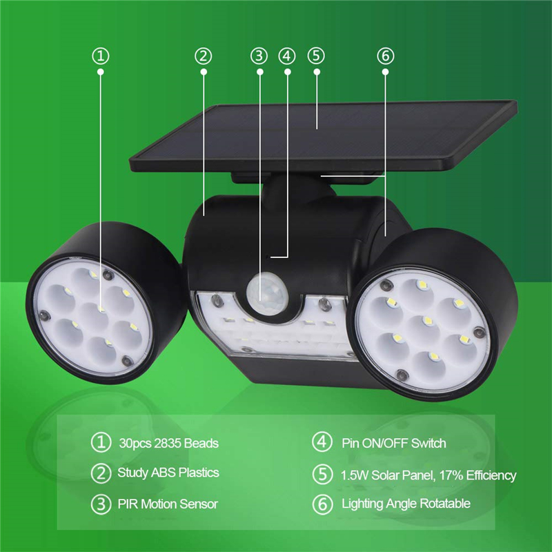 Outdoor Solar Lamp 30LED Dual Head PIR Motion Sensor Spotlight Waterproof Adjustable Wall Light for Patio Lawn Pool Yard Garage Garden