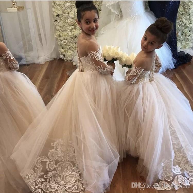 New White Ball Gown wer Girl Sheer Neck Lace Appliqued Kids Wedding Party Dress Long Sleeve Toddler Formal Dresses Custom Made