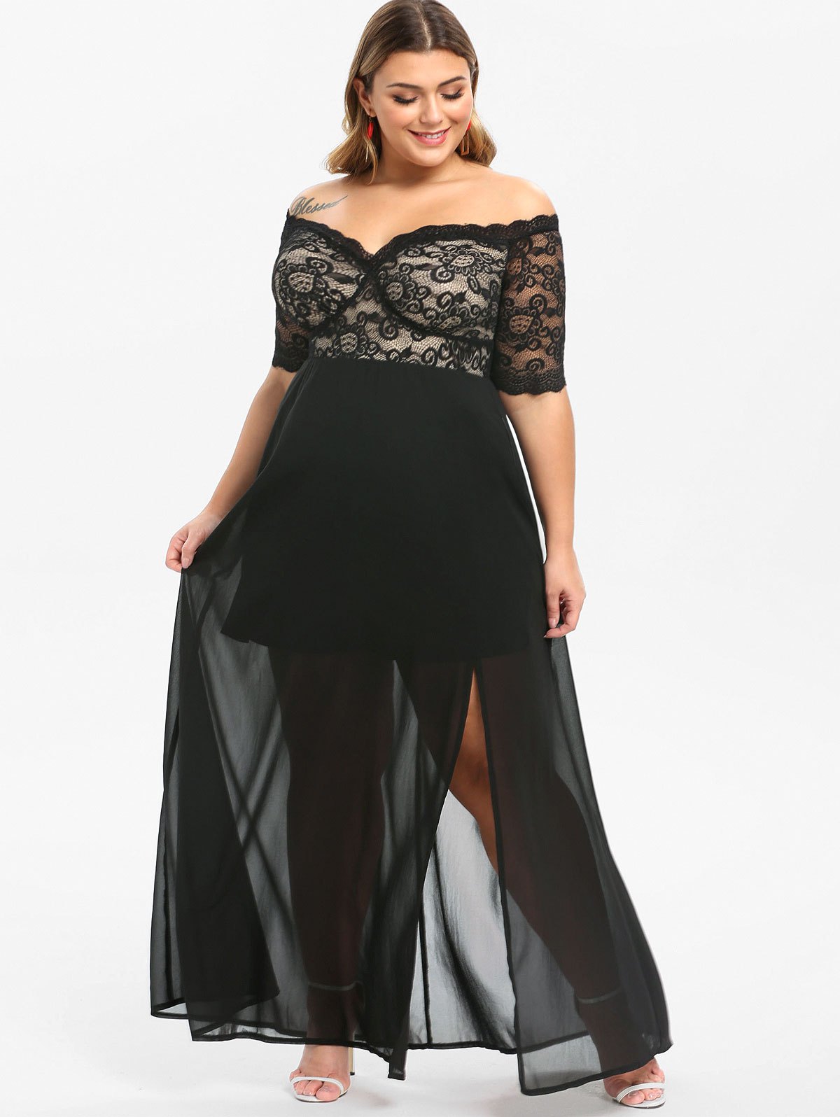 Cheap Black Lace Plus Size Prom Dresses Off The Shoulder Short Sleeves Evening Gowns A E Ankle Length Chiffon Side Split Formal Dress