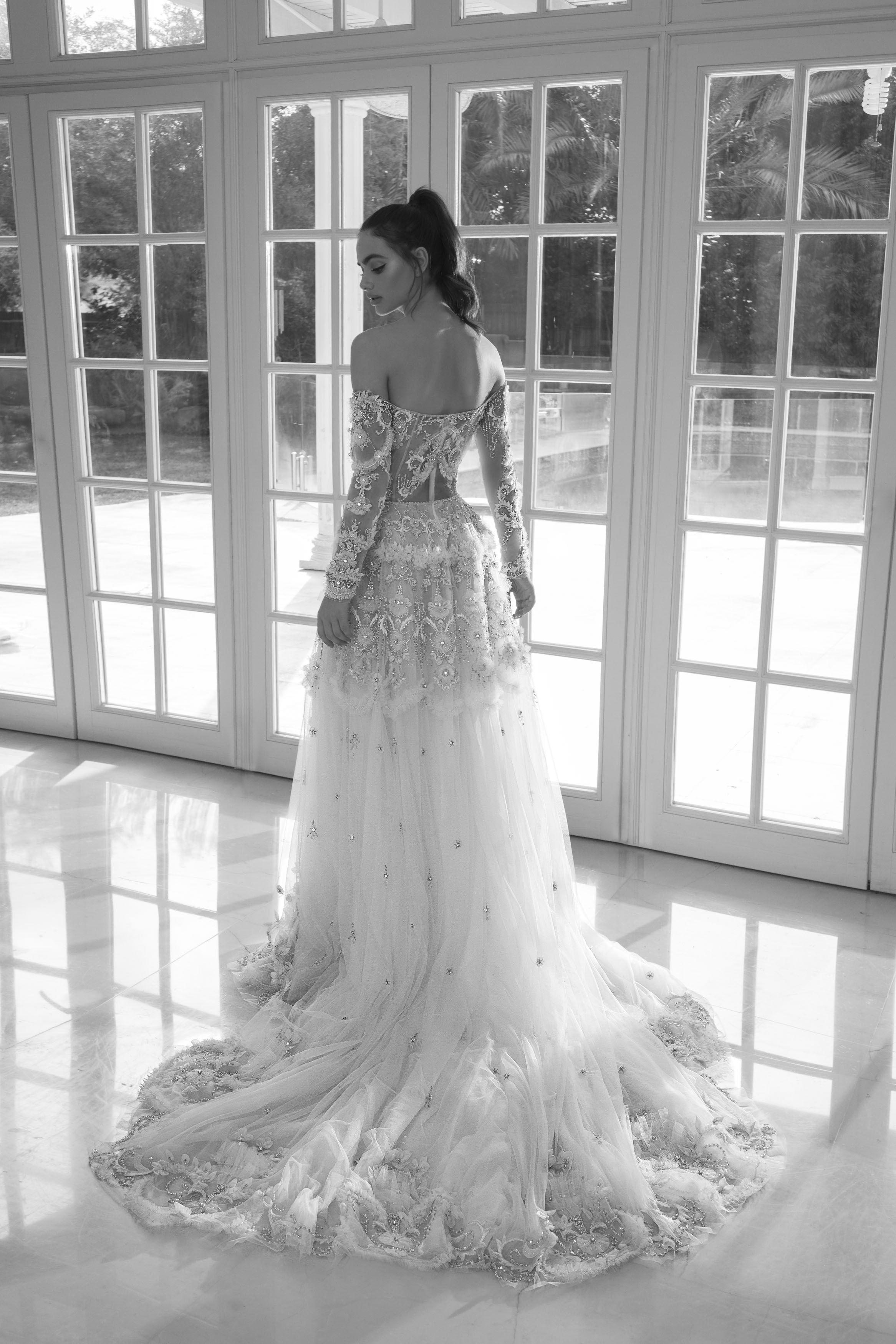 Idan Cohen Lace Wedding Dresses Off The Shoulder A Line Sweep Train Bohemian Wedding Dress Custom Made 3D Floral Appliqued Bead Bridal Gowns