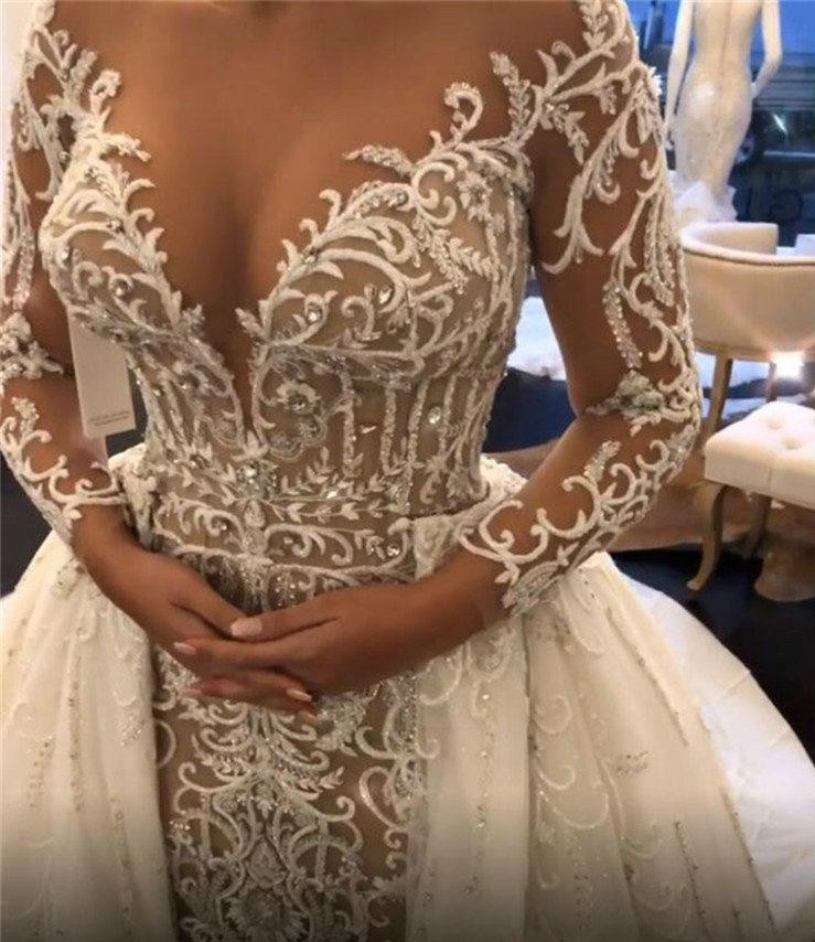 sexy mermaid wedding dresses crystal beaded lace illusion long sleeve detachable train bride gowns custom made wedding gown