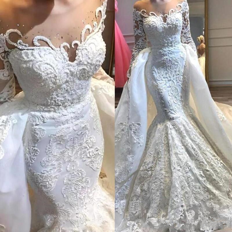 2019 Arabic Sheer Long Sleeves Lace Mermaid Wedding Dresses Tulle Applique Beaded Sweep Train Wedding Bridal Gowns With Over Skirts BC1295
