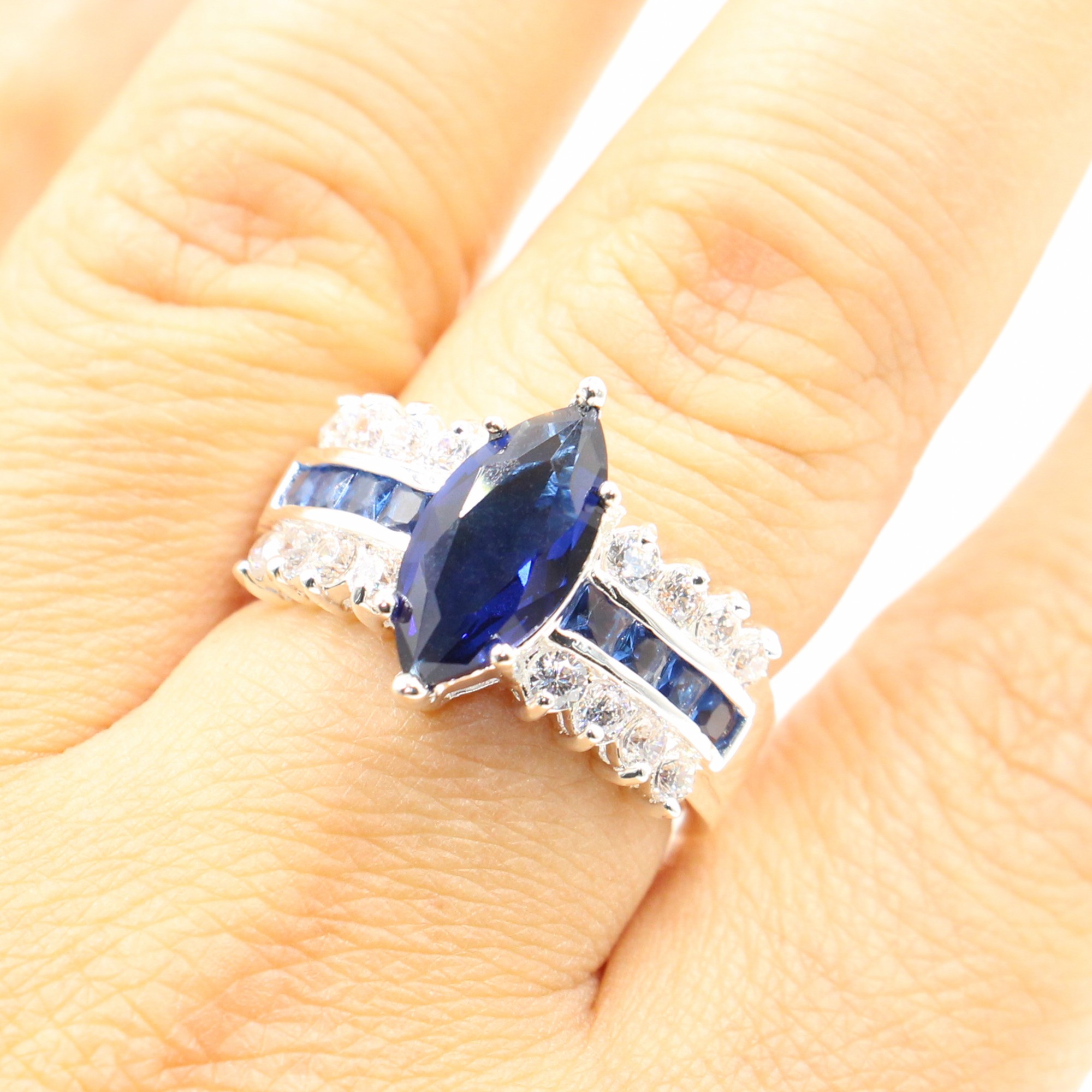 Victoria Wieck Luxury Jewelry 925 Sterling Silver Marquise Cut Blue Sapphire CZ Diamond Women Wedding Engagement Band Ring For Lovers' Gift