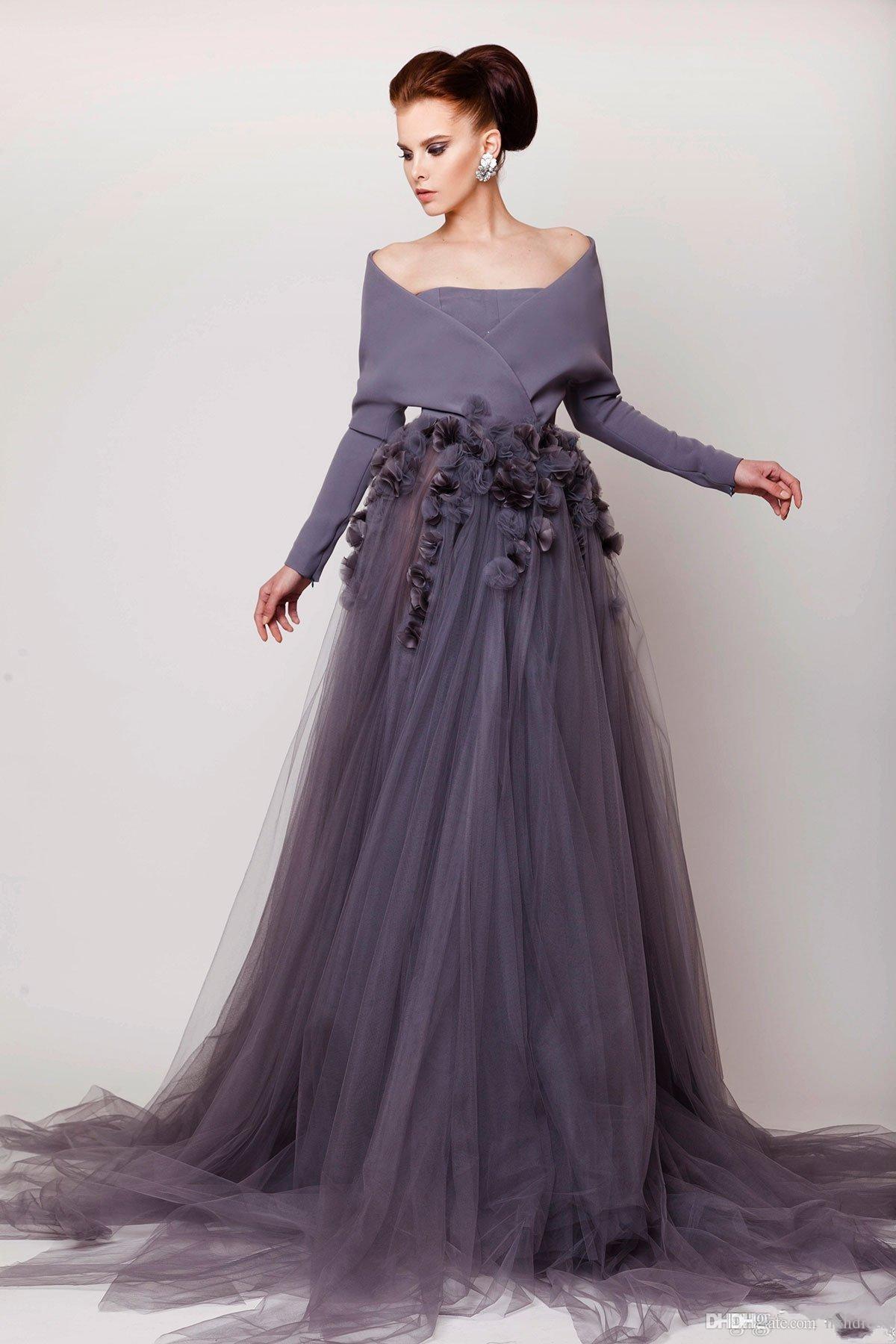 2019 Ashi Studio Prom Dresses Off The Shoulder 3D Flowers Long Sleeve Evening Gowns A Line Custom Made Elegant Party Gowns Side Split