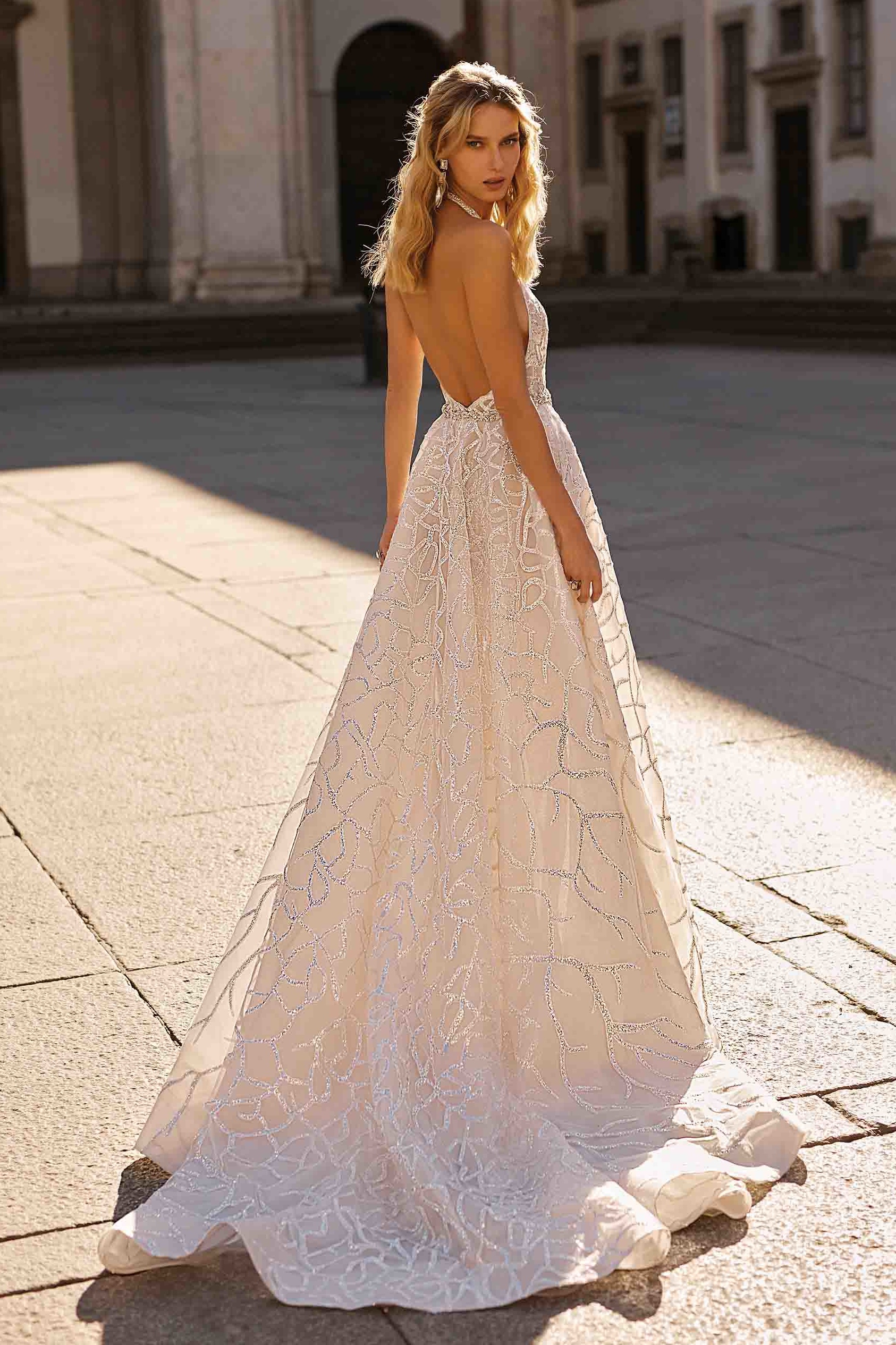 berta beach wedding dresses plus size lace sequined halter neck bridal gowns crystals backless sweep train robes de marie