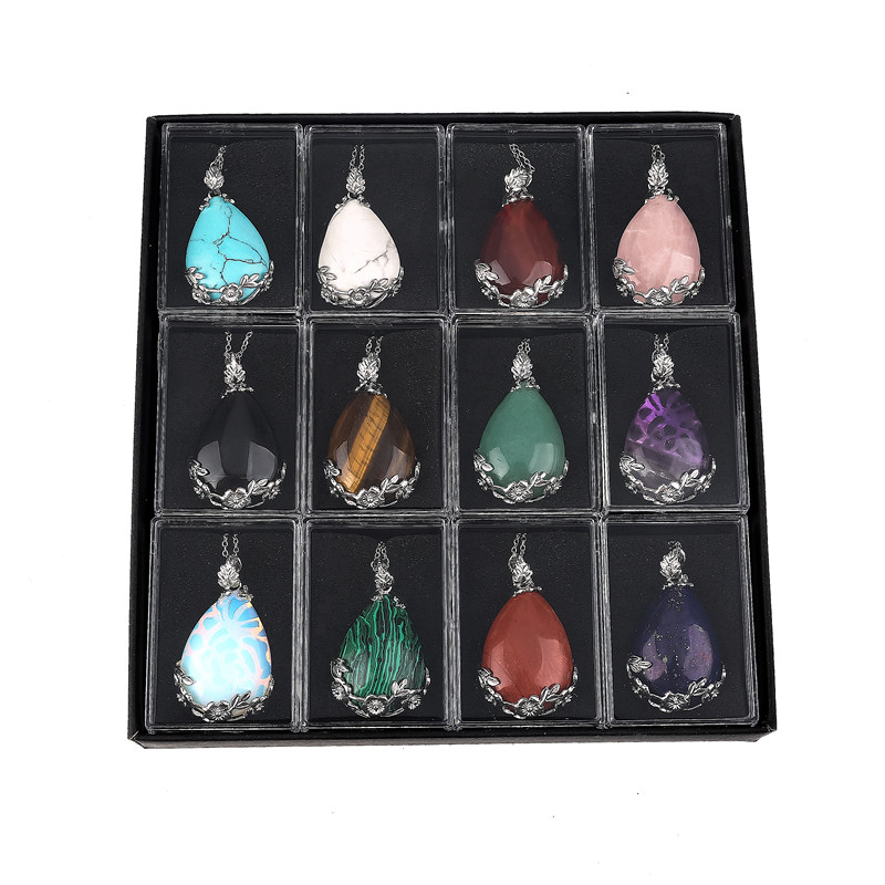 12 random stone alloy water drop pendant (silver) men and women necklace popular retro fashion jewelry