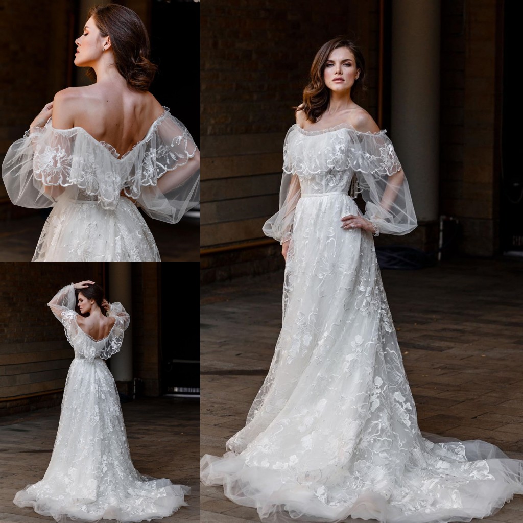 A Line Fabulous Beach Lace Wedding Dresses Off The Shoulder Bohemian Bridal Gowns With Long Sleeves Tulle Sweep Train Robe De Marie