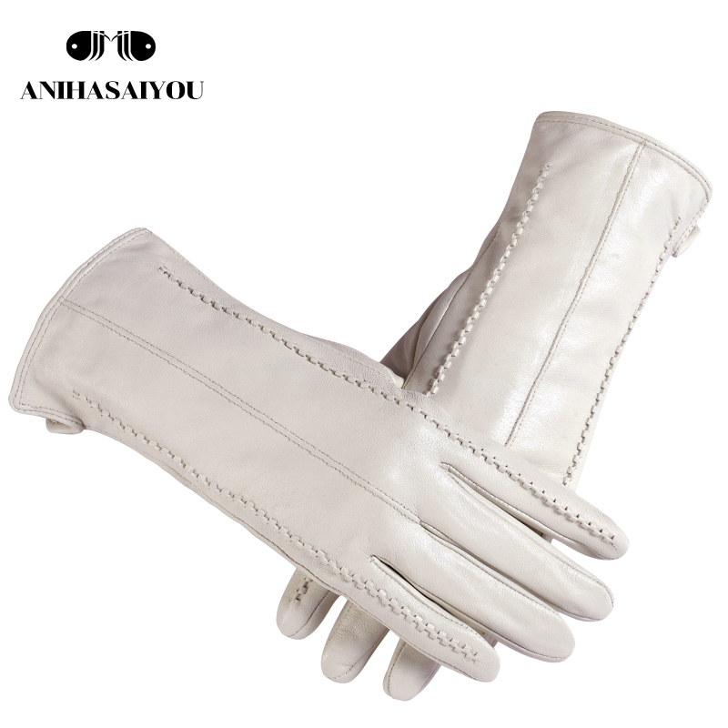 Five Fingers Gloves White leather women's Genuine Leather cotton lining warm Fashion leather gloves
