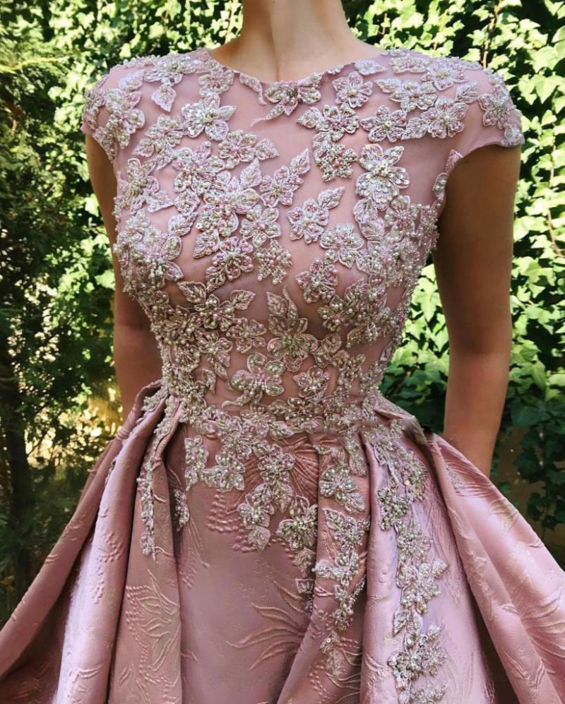 Modest A Line Evening Prom Dress Short Sleeve Jewel Neck Satin Party Dress Applique Pears Detachable tail robes de soirée