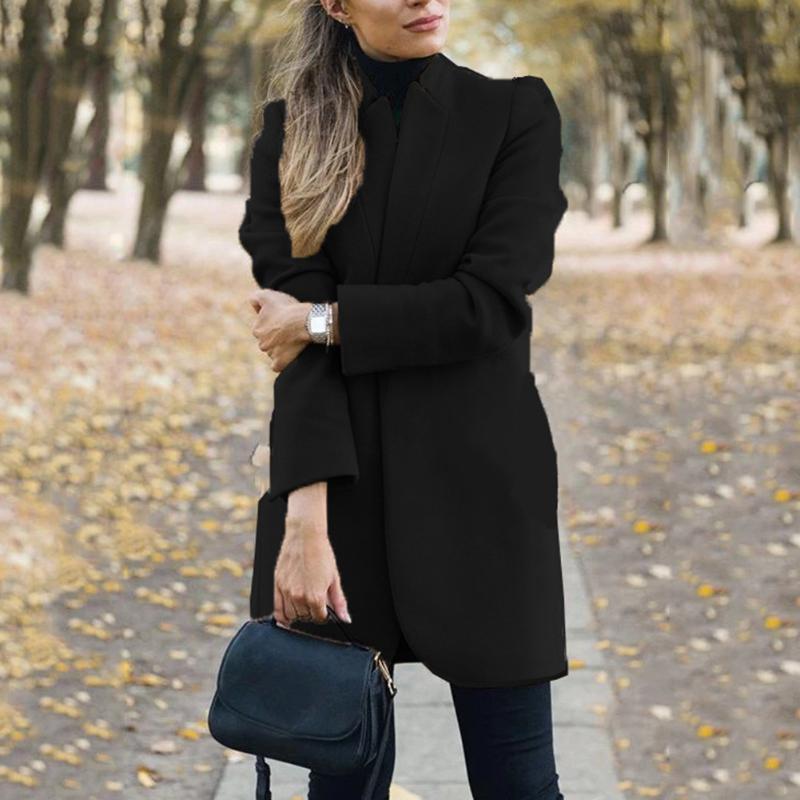 2020 New Plus Size Womens Woolen Coat Office Lady Autumn Solid Color Stand Collar Woolen Long Coat Cardigan For Womens Clot