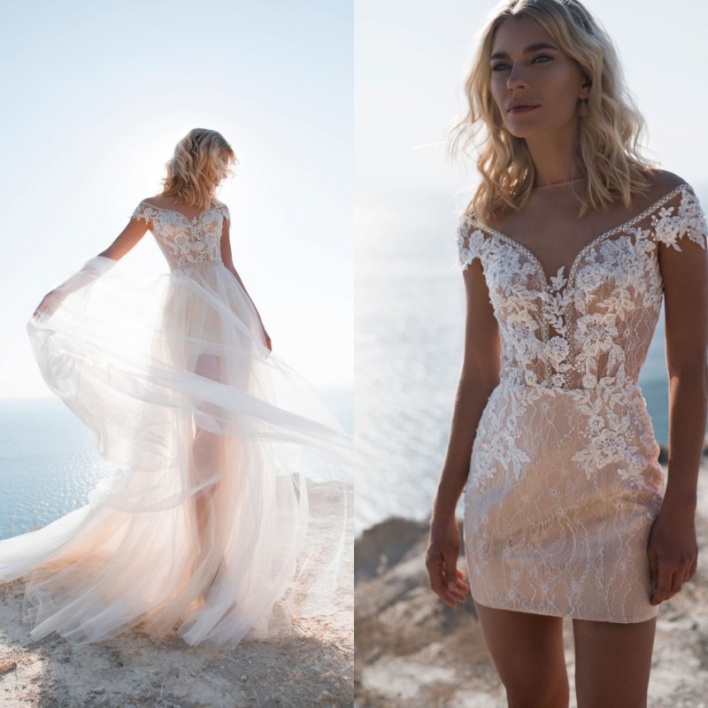 Elegant Sheath Wedding Dresses With Long Train Jewel Neck Beads Appliques Lace Wedding Gowns Short Vestidos De Novia, Black
Elegant Sheath Wedding Dresses With Long Train Jewel Neck Beads Appliques Lace Wedding Gowns Short Vestidos De Novia, Black